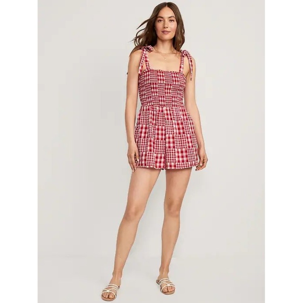 Old Navy Womens Red Gingham Smocked Tie Shoulder Cotton Romper Pockets Small